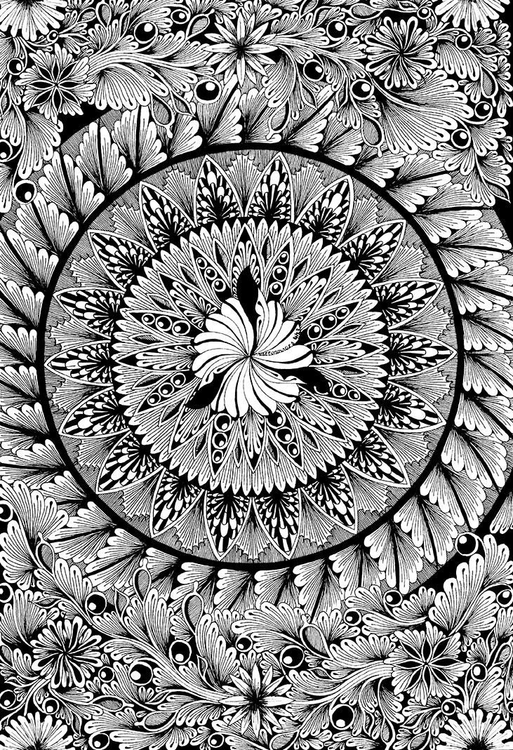 σχέδιο μάνταλα, μοτίβα Zentangle, floral στοιχεία, ασπρόμαυρο σχέδιο.
