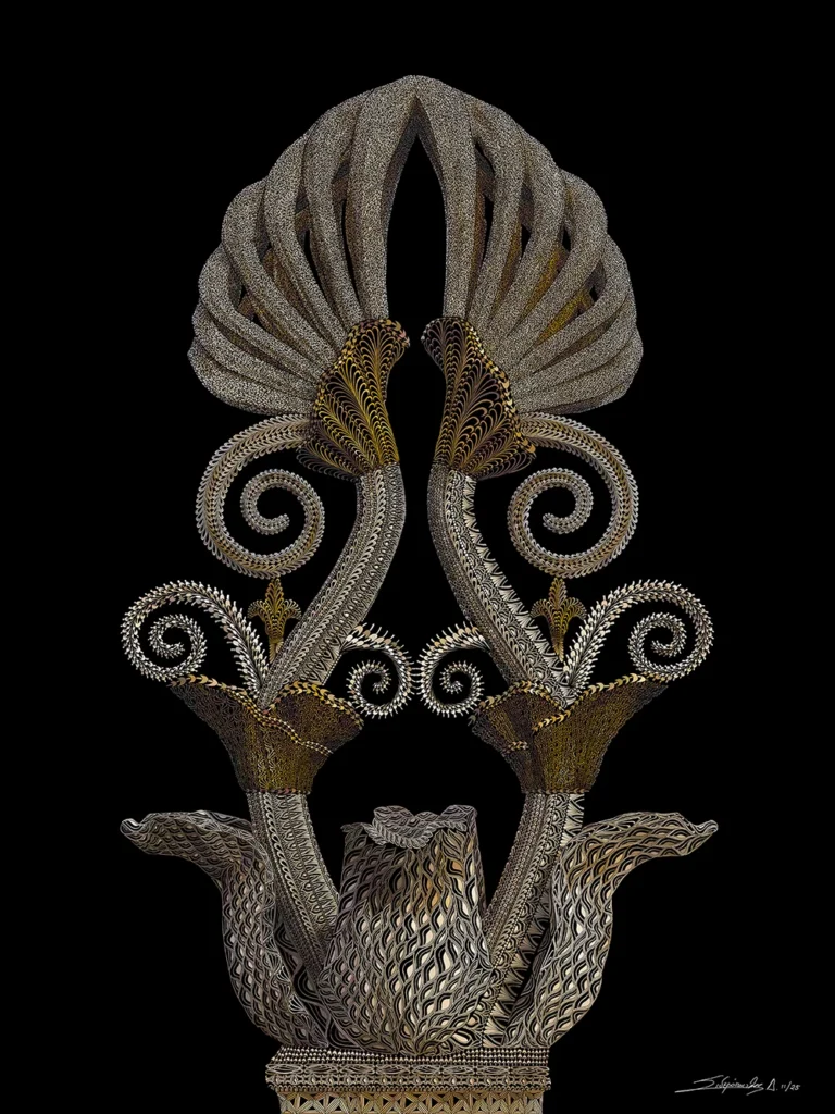 Λεπτομερές ψηφιακό σχέδιο με zentangle μοτίβα, χρυσές οργανικές σπείρες και ανάγλυφη μεταλλική υφή που θυμίζει περίτεχνο κιονόκρανο ή ανθέμιο σε μαύρο φόντο.